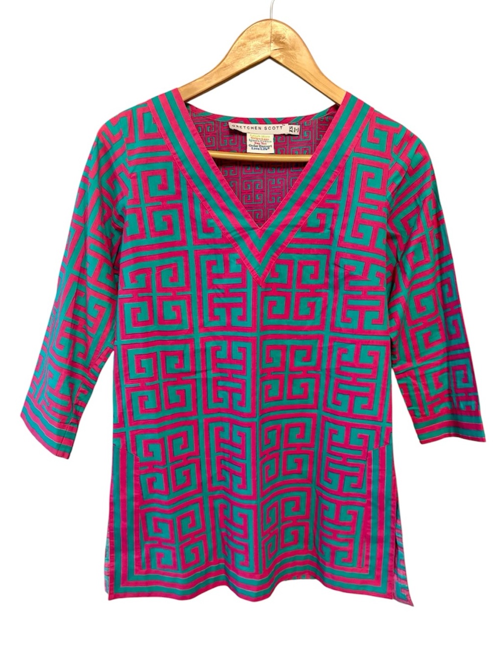 Gretchen Scott Cotton Tunic Top Geometric Print Pink/Teal Women size Extra Small